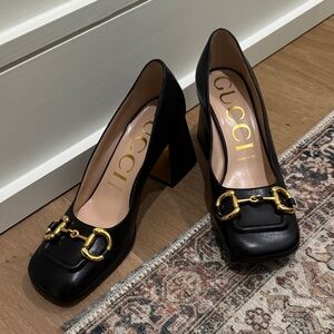 Gucci Black Leather Block Heels with Gold Buckles